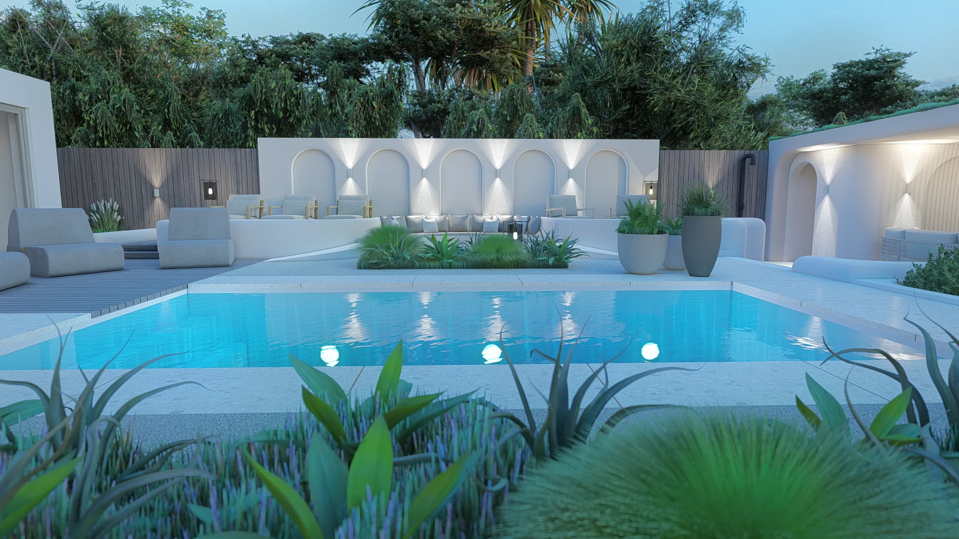 Exclusieve villatuin met loungeterras en sfeerverlichting in Wassenaar